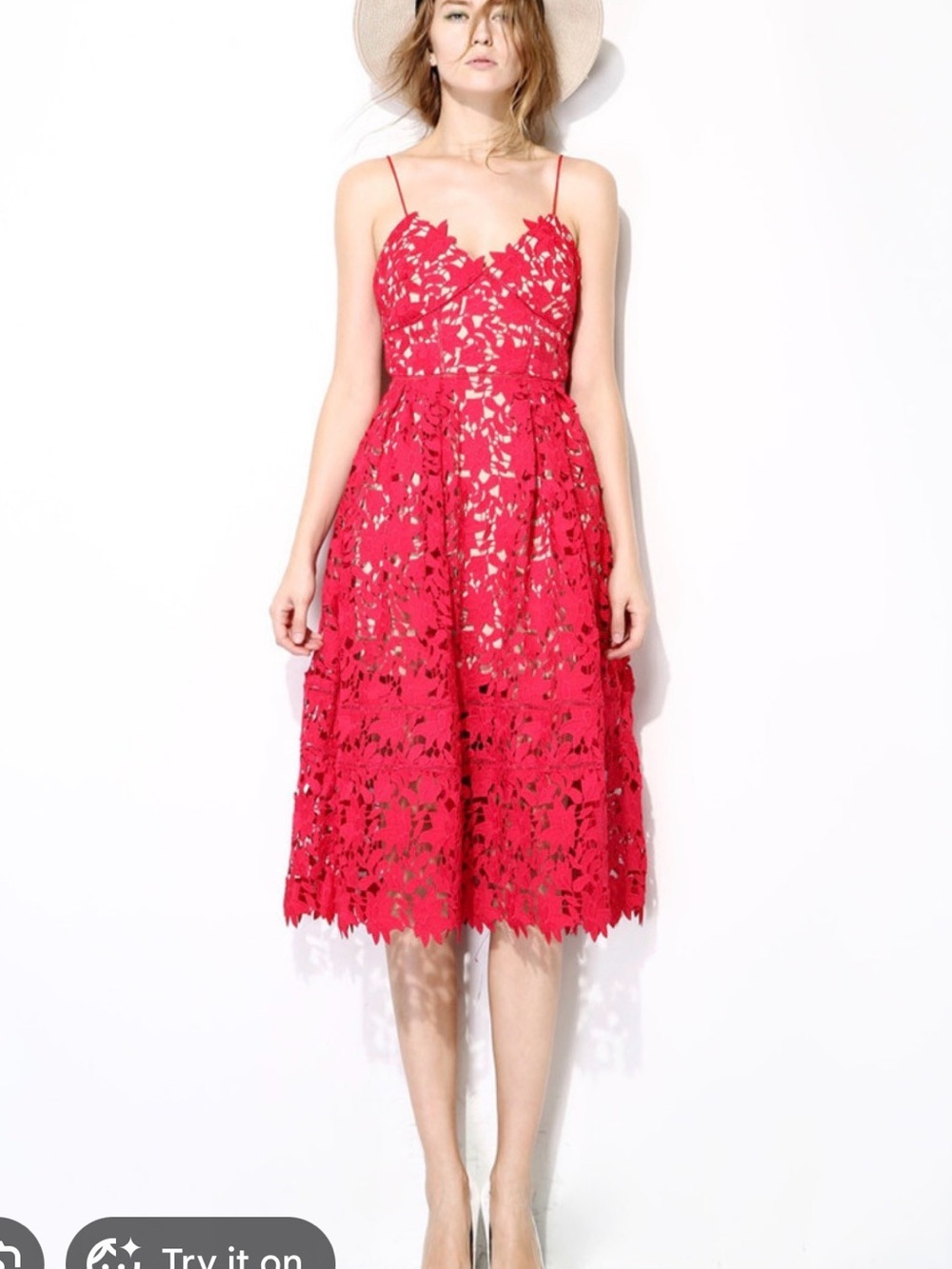 Appliqué RedMidi Dress with Spaghetti Straps and Cupped Bodice